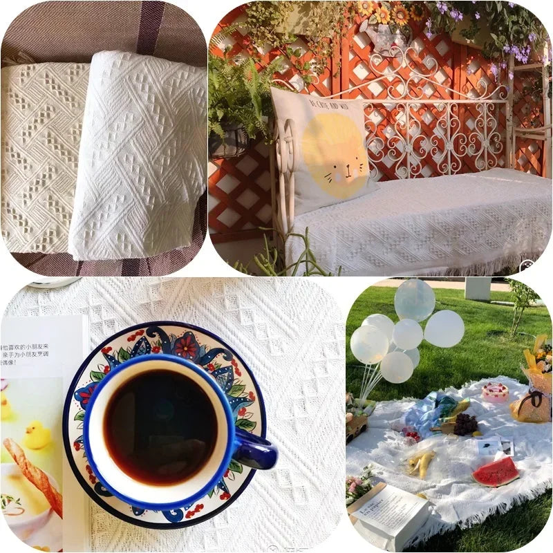 couverture boho chic motif géométrique blanc portable pique nique voyage maison tapis qualité