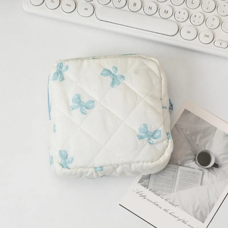 Sac cosmétiques polyestère noir blanc rose bleu cuir mat fermeture glissière poudre compacte brosse