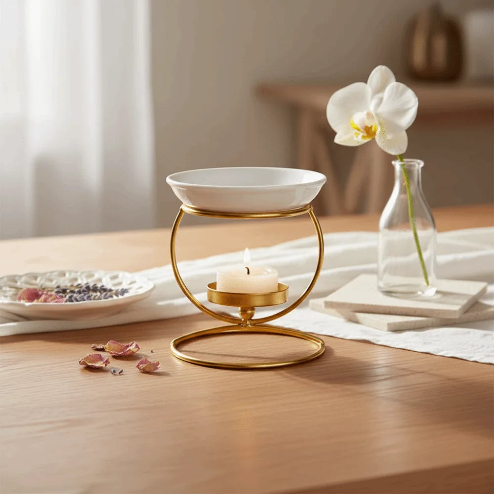 bougeoir moderne transparent blanc doré noir aromathérapie support métallique rond chauffe bougie bien être