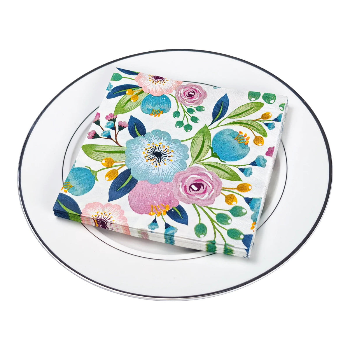 serviettes papier fleur aquarelle blanc rose bleu turquoise vert printanier