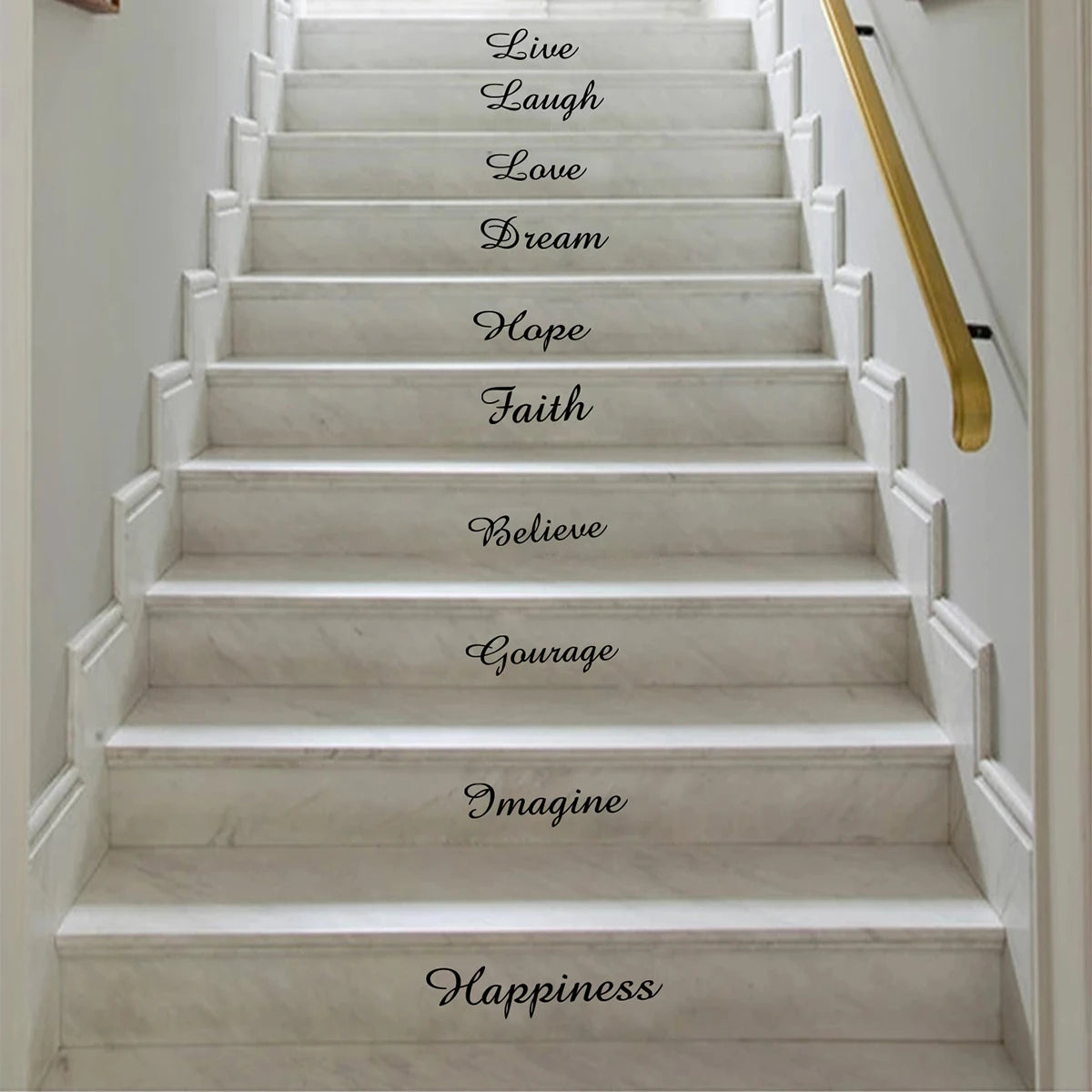 Sticker contremarche escalier noir citation vie rire amour espoir