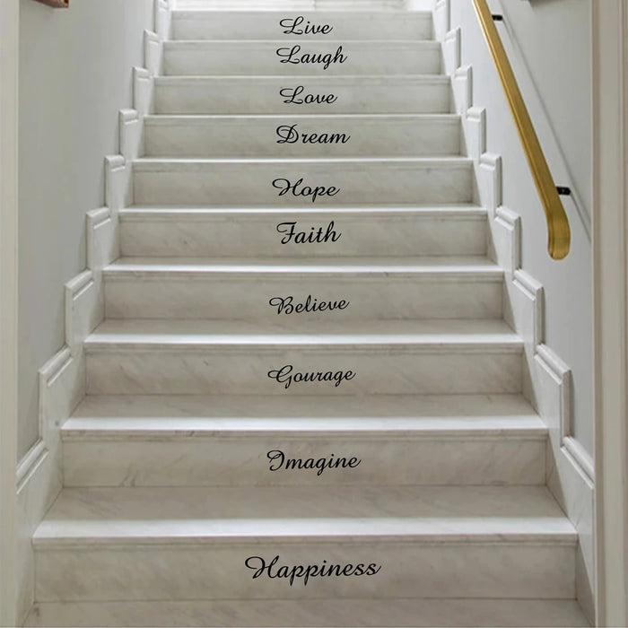 Sticker contremarche escalier noir citation vie rire amour espoir