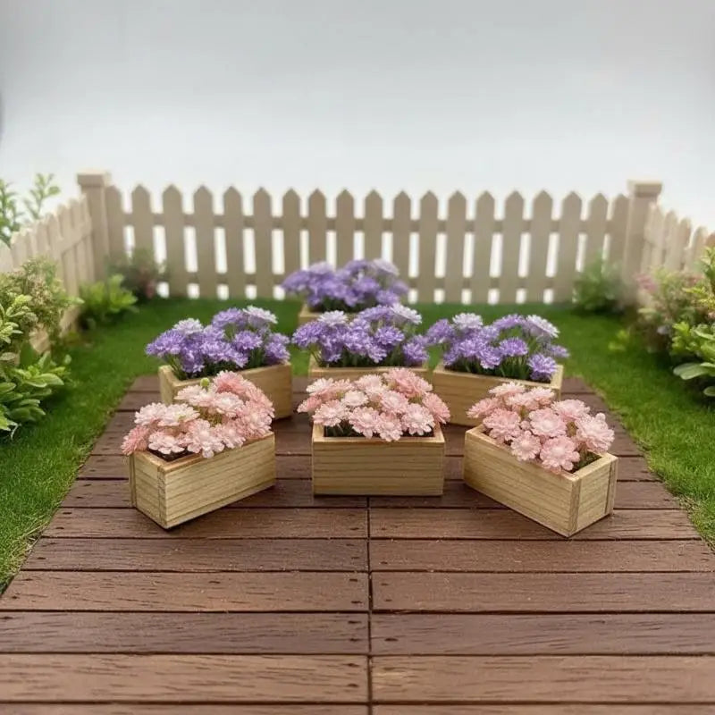 miniature plante artificielle pot bois fleur violet rose jaune bleu