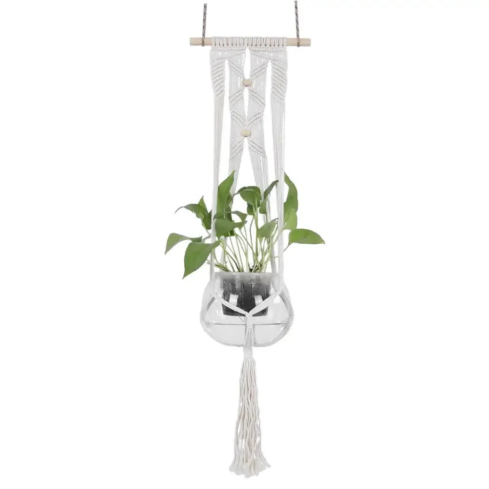 Support plante suspendue macramé blanc artisanal pot transparent