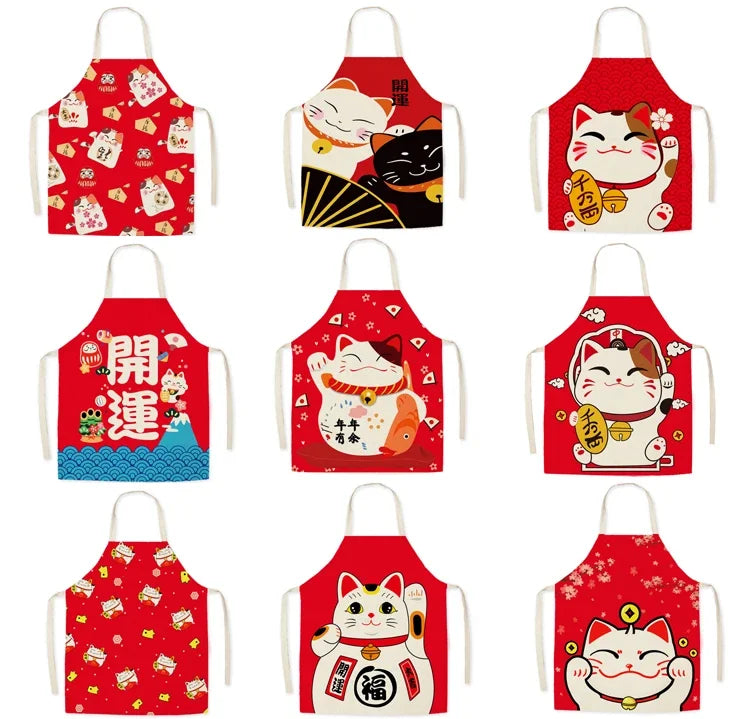tablier cuisine lin motif chat porte bonheur poches élastiques ajustables