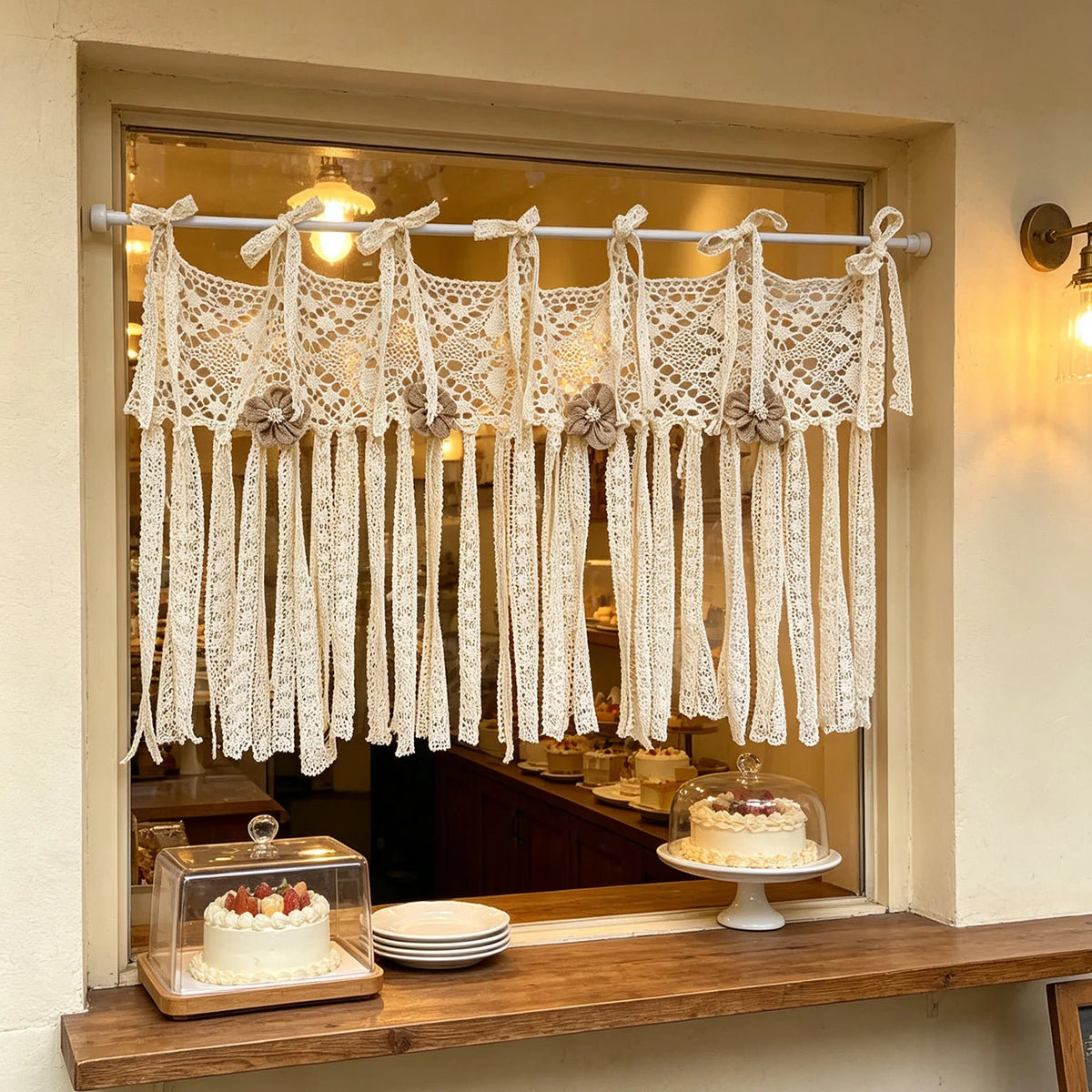 rideau crocheté boho chic beige floral franges opalescent main decoration chambrecoration farmhouse decoration