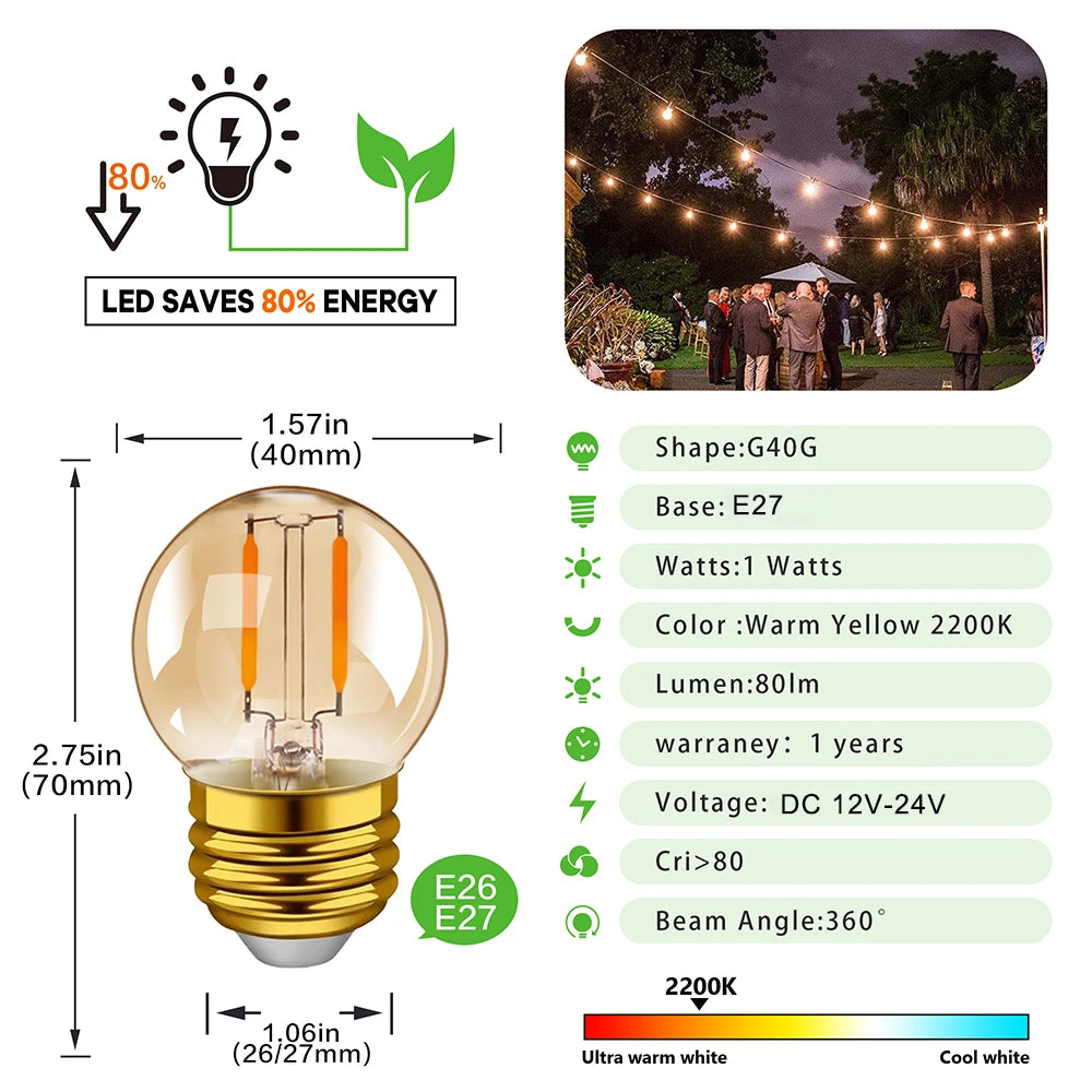 ampoule led dorée jaune chaud transparente e27 vintage 12v 24v 2200k 60lm 25000h