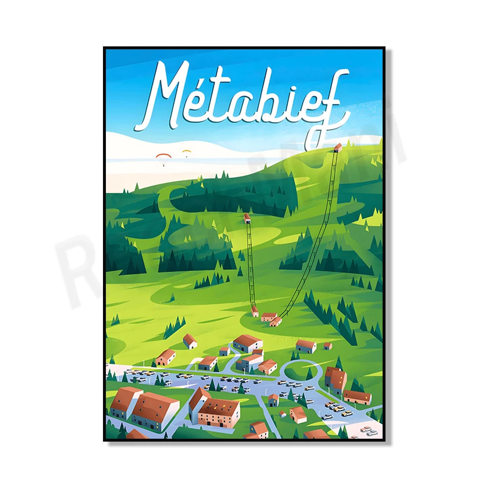 L'image présente un paysage montagneux verdoyant avec des maisons et des bâtiments éparpillés dans la vallée, ainsi qu'une grande tyrolienne traversant la scène. Le texte indique "Metachief" en lettrage manuscrit.