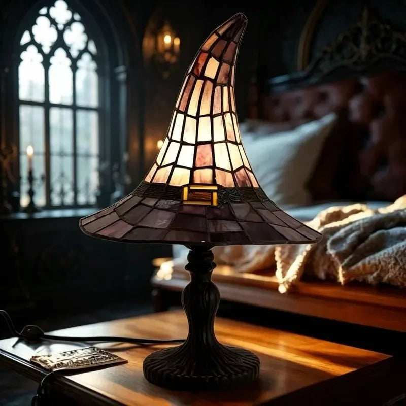 lampe table chapeau sorcière led gothique nuit art déco vintage noir rose violet