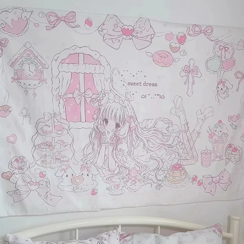tapisserie murale kawaii personnages féminins dessins animés sweet dream rose blanc chambre salon decoration
