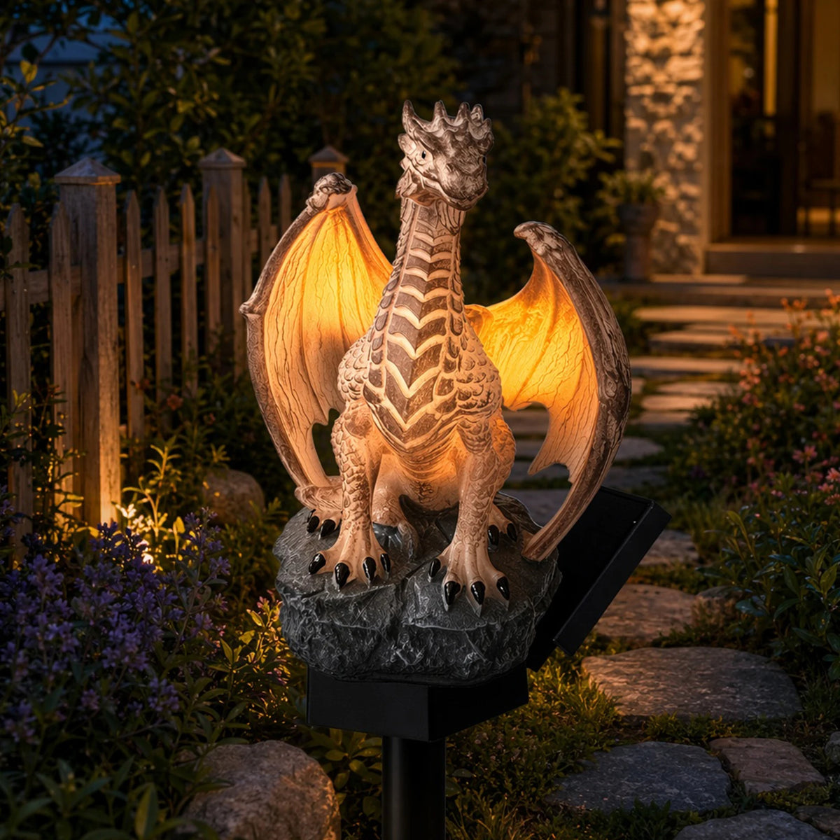 statue dragon lumineuse résine marron fantastique décoration extérieure jardin maison plumes ailes details réaliste
