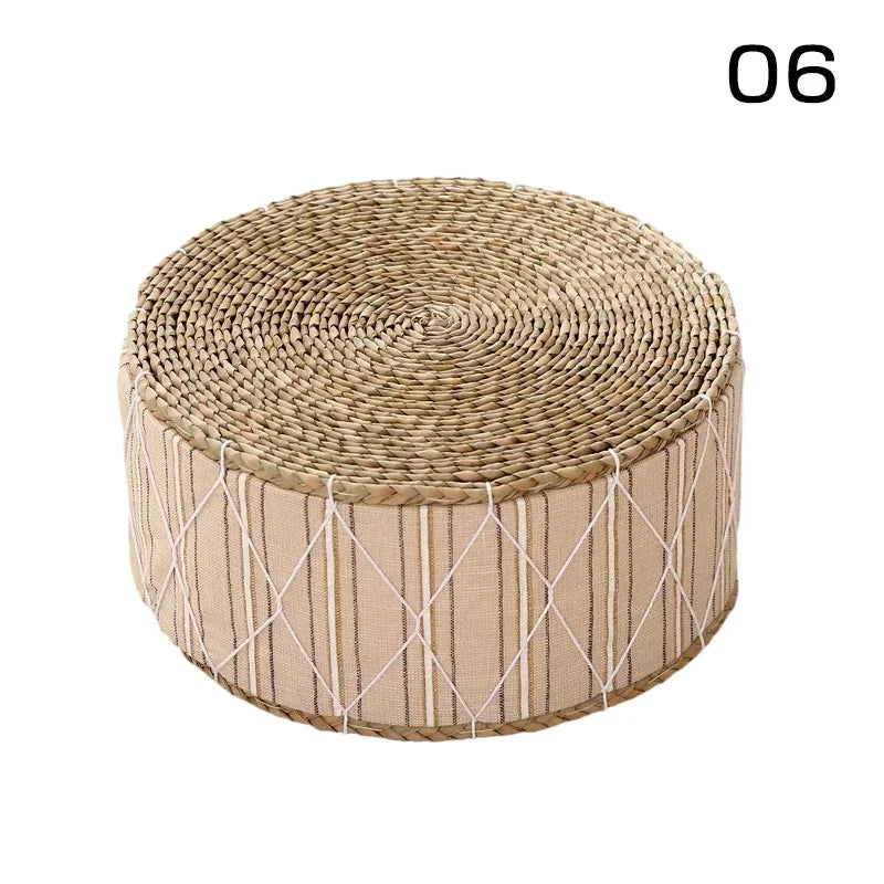 coussin futon rond tissé motifs géométriques beige bleu marine blanc boho rustique