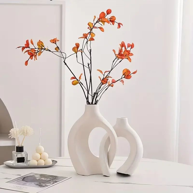 vases decoratifs modernes plastique blanc beige orange rose jaune vert minimalistes sculpturaux fleurs artificielles