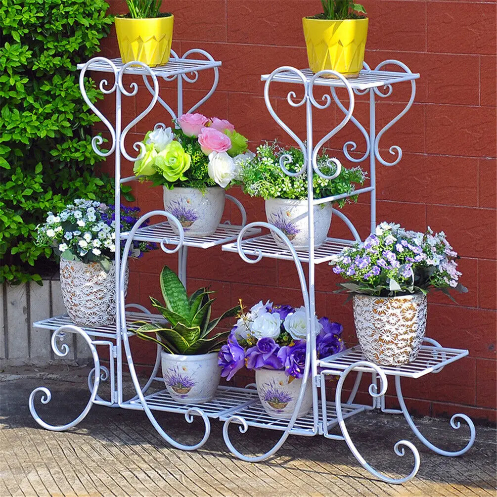 étagère plante métal niveaux noir blanc floral art nouveau pieds rondèles