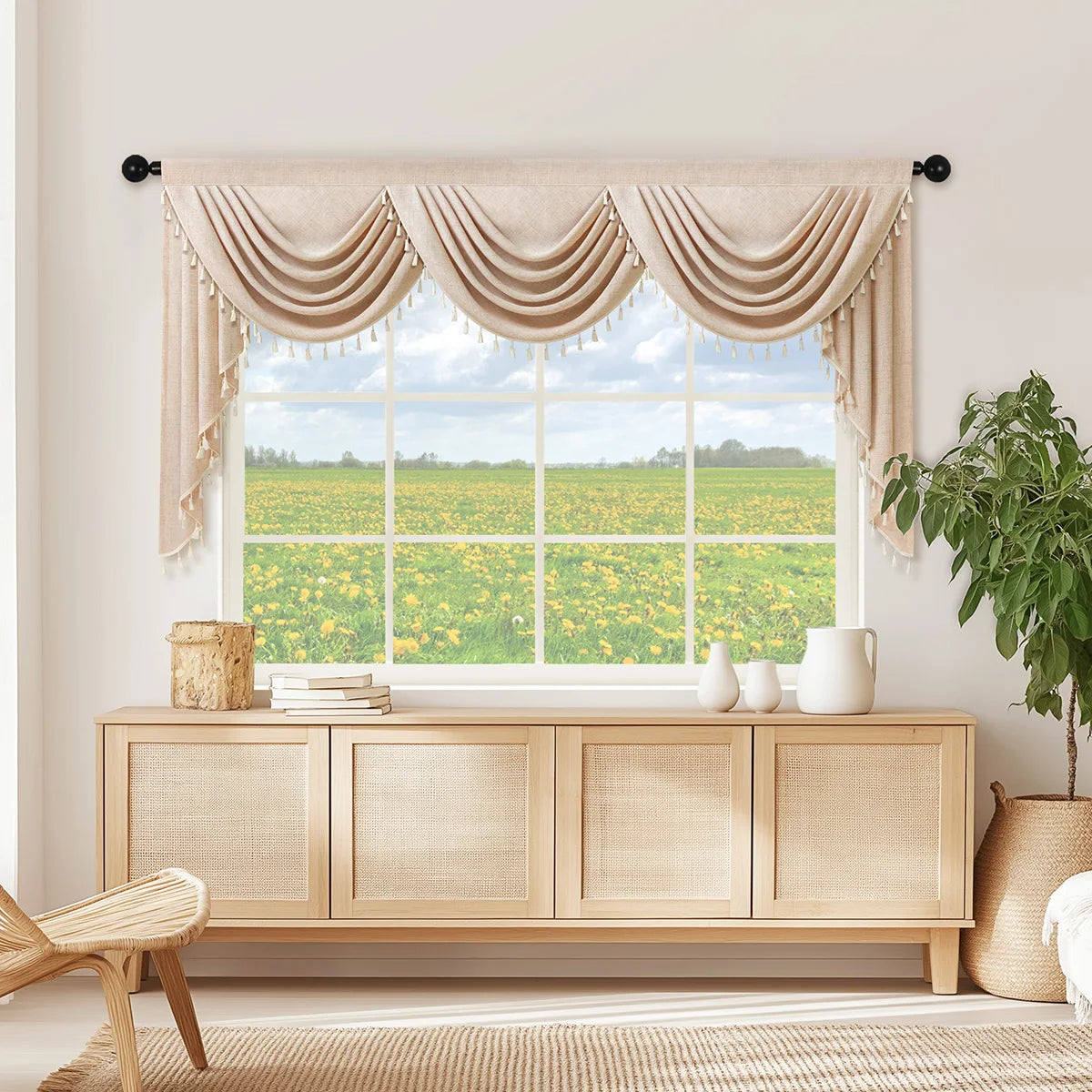 rideau polyester beige clair classique opacique 105cm largeur variable decoration fenetre cuisine salon