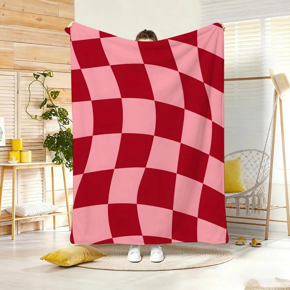 couverture flanelle carreaux rouge rose moderne décoration chambre voyage hospitalière polyester adultes