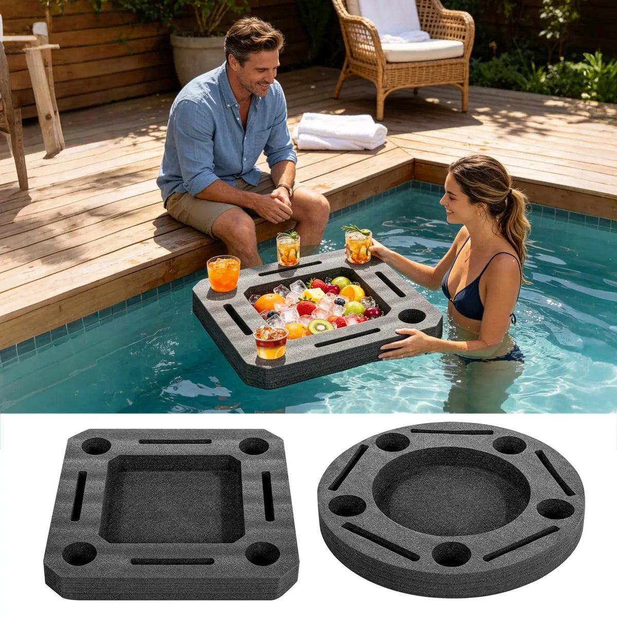 plateau flottant moderne gris foncé tissé trous verres fruit piscine détente
