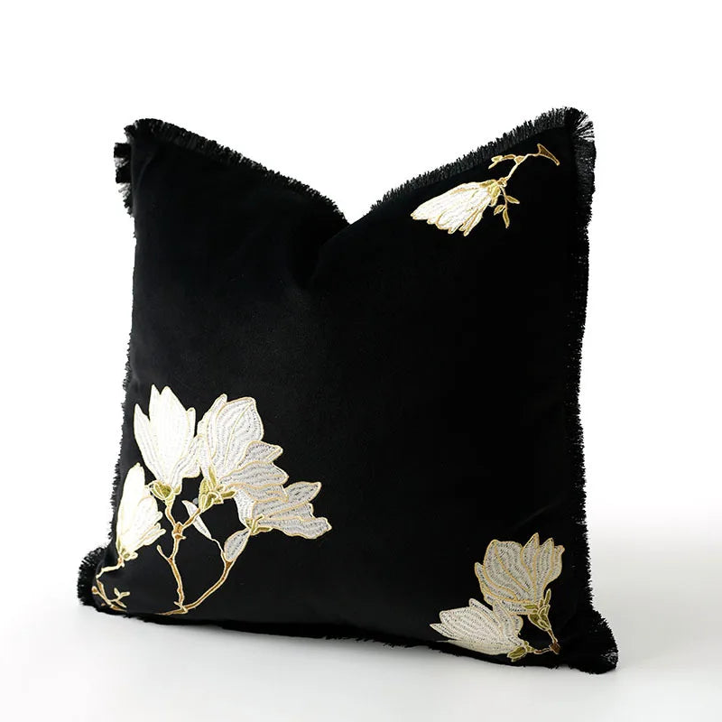 coussin carré brodé fleur dorée nordique marron clair noir élégant décoration maison 45x45cm 50x50cm