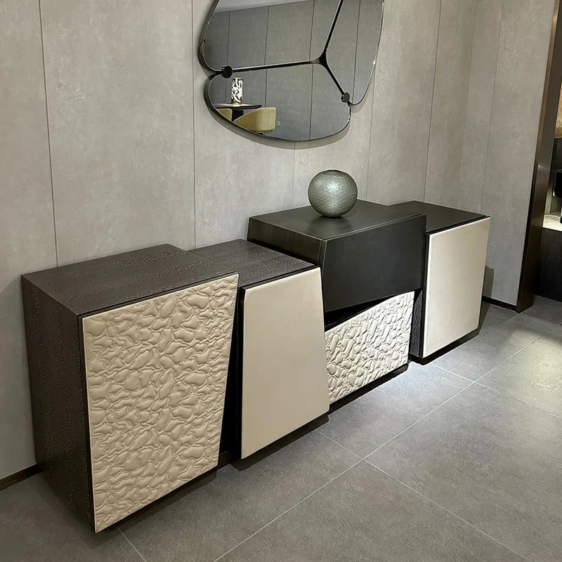 meuble bas multifonction moderne miroir gris buffet console décoration métal bois textures