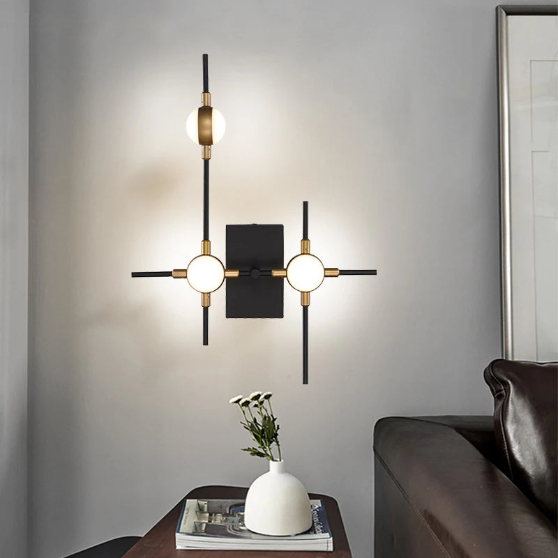 suspension lumineuse moderne noir doré géométrique sphères blanches câbles suspendus chambre salon
