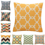 housse coussin carré géométrique coton laine moderne bleu orange triangles losanges