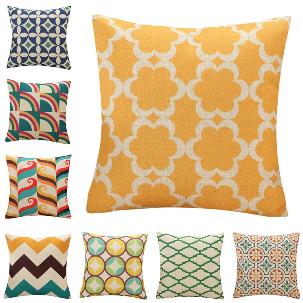 housse coussin carré géométrique coton laine moderne bleu orange triangles losanges