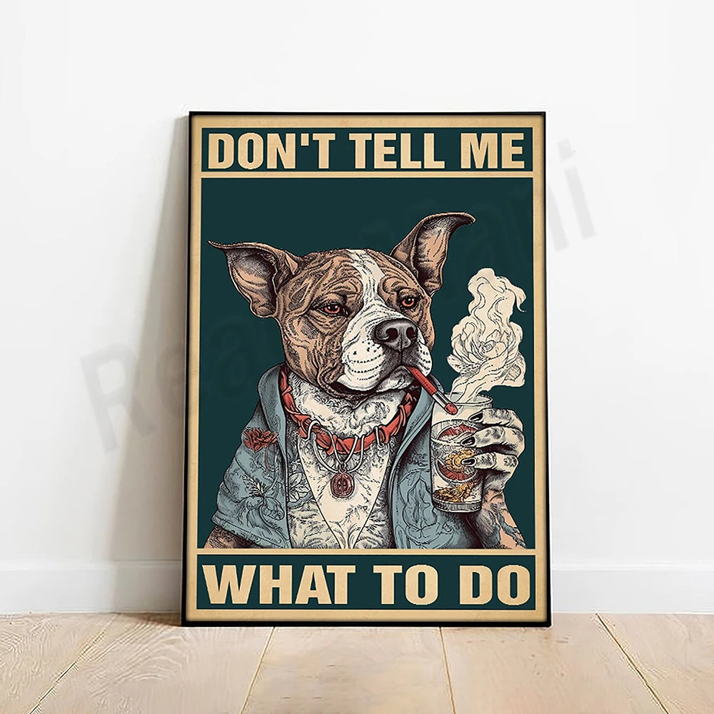 Poster toile chien gangster tatoué vin rétro décoration murale