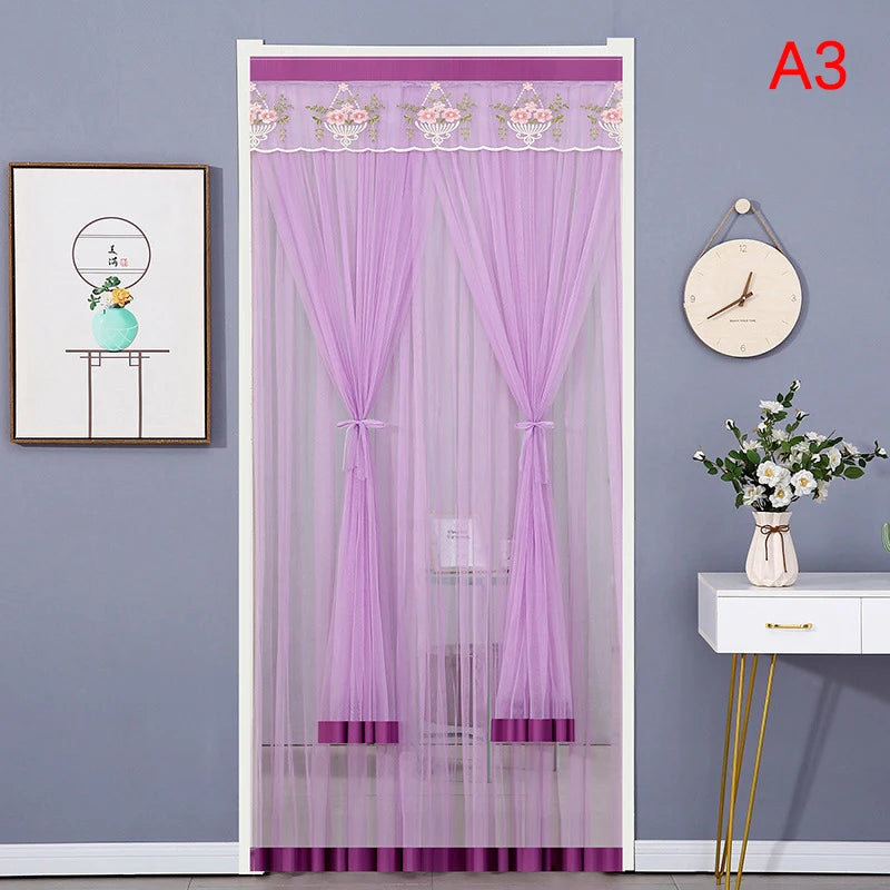 rideau porte anti moustiques blanc jaune violet rose broderie cerfs fleurs transparent classique ruban