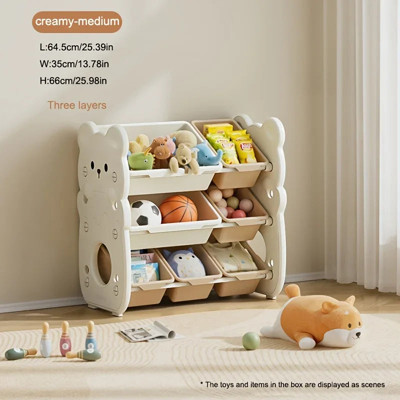 meuble rangement jouets articles divers moderne couleur beige clair texture plastique lisse salon respectueux