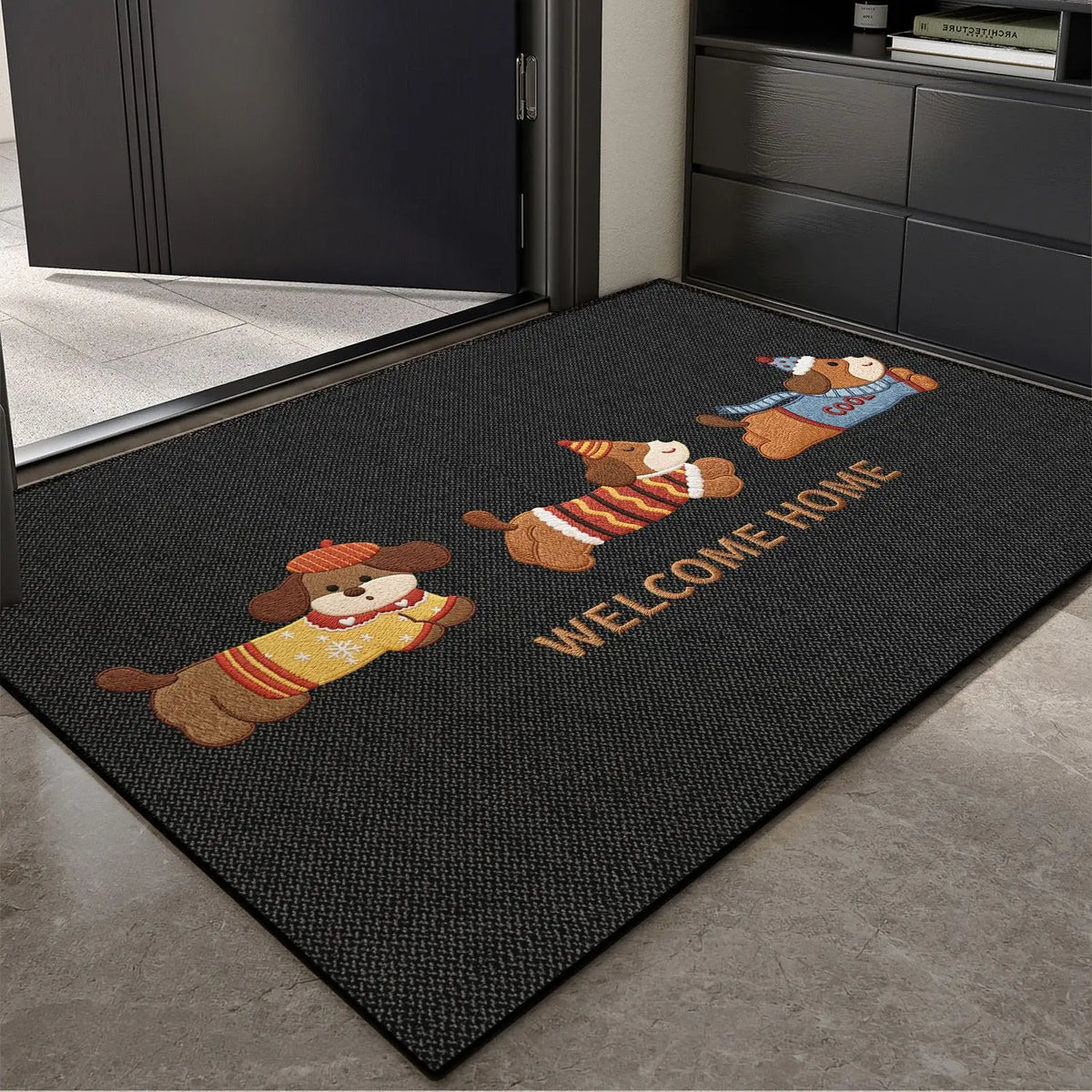 tapis d'entrée beige chien mignon welcome motif floral décoration maison moderne sol intérieur