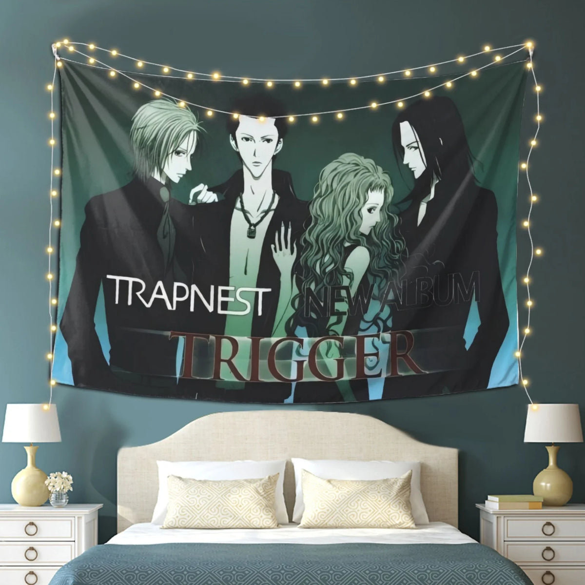 tapisserie murale anime trapnest trigger personnages rock japonais noir vert blanc illustration album musique