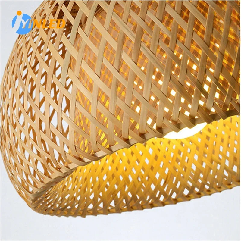 Suspension lumineuse tissage bambou moderne naturel doré salon chambre