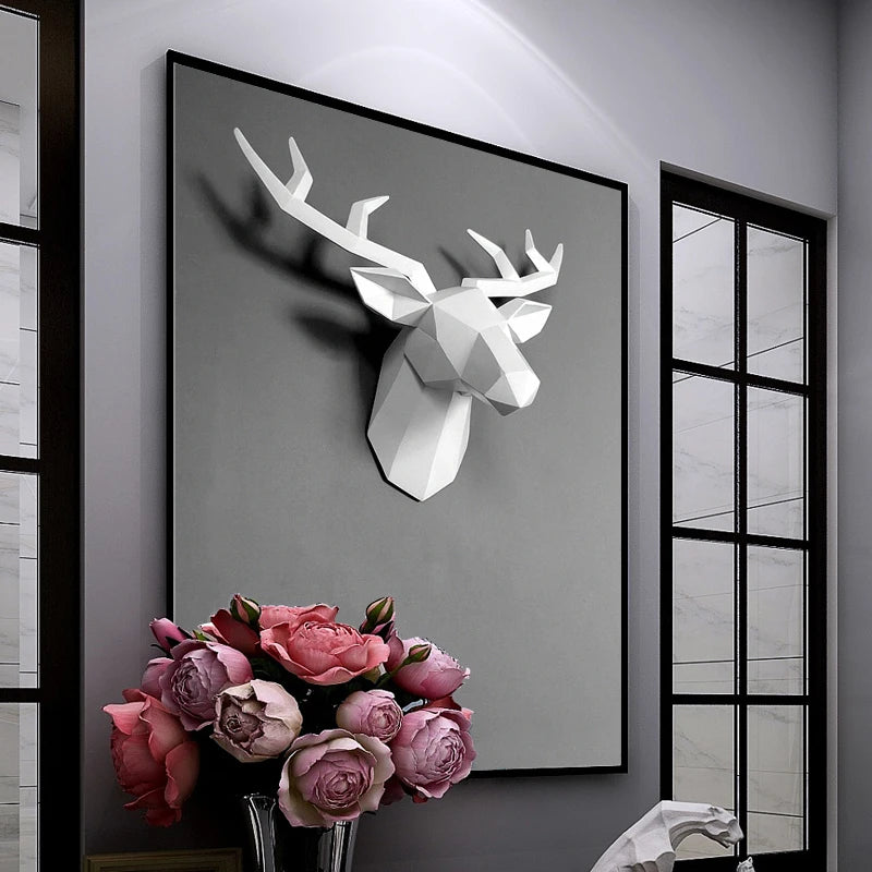 décoration murale moderne tête cerf résine peinte main blanc jaune rose chambre salon