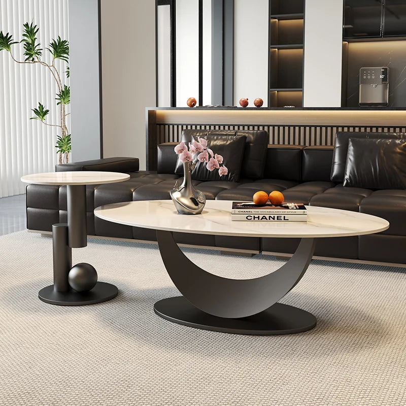 table basse ovale moderne blanche effet marbre gris salon meuble bois luxe
