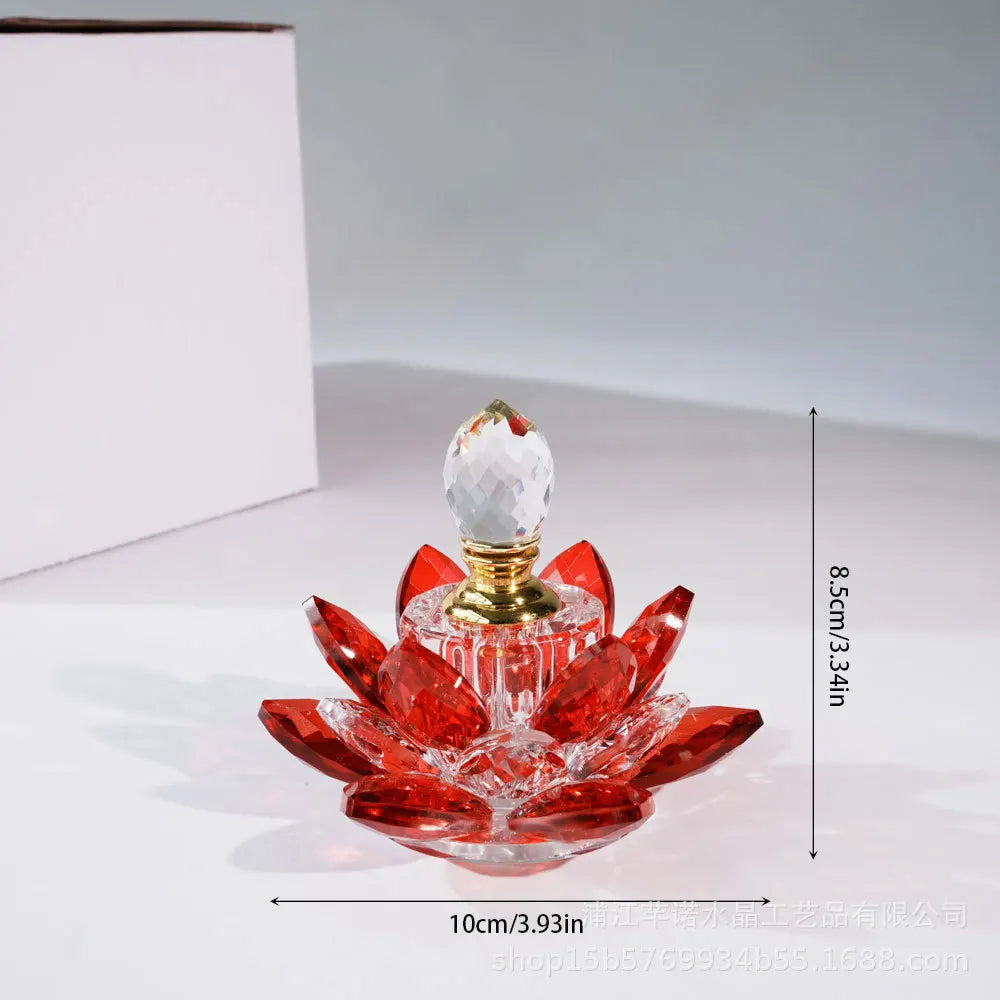 flacon parfum fleur lotus cristal rouge vert bleu moderne élégant transparent doré haute qualité
