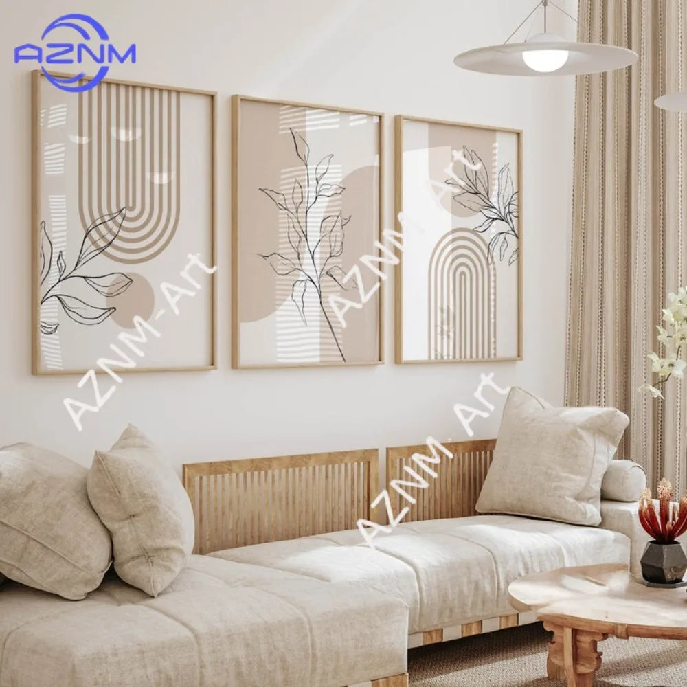 toile d'art minimaliste lignes géométriques feuilles stylisées contemporain beige noir blanc sans cadre chambre