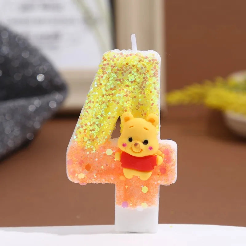 bougies anniversaire chiffre winnie ourson sequins dorés jaune orange blanc