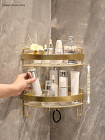 étagère salle bain dorée grille métal moderne fixée suction rangement produits toilette crochet