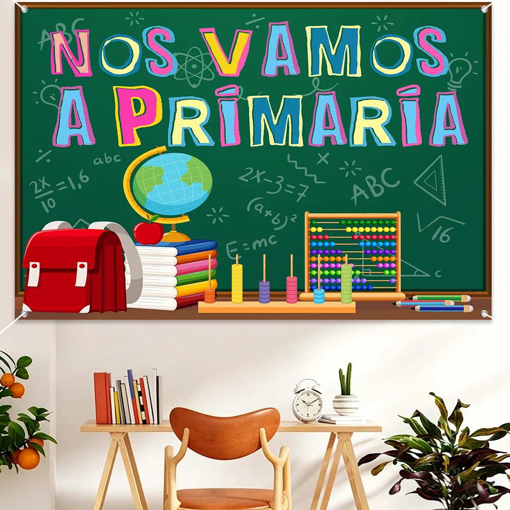 panneau pédagogique back to school vert multicolore lettres mathématiques globe terrestre clips modernes
