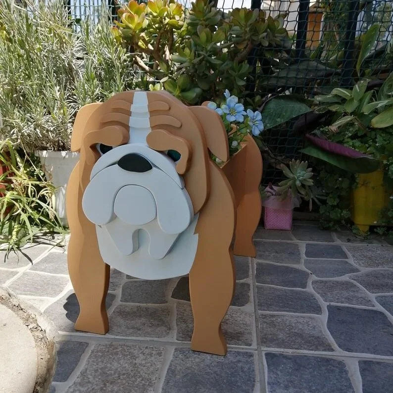 cache pot chien forme cartoon blanc beige marron noir rose vert détails visage plante