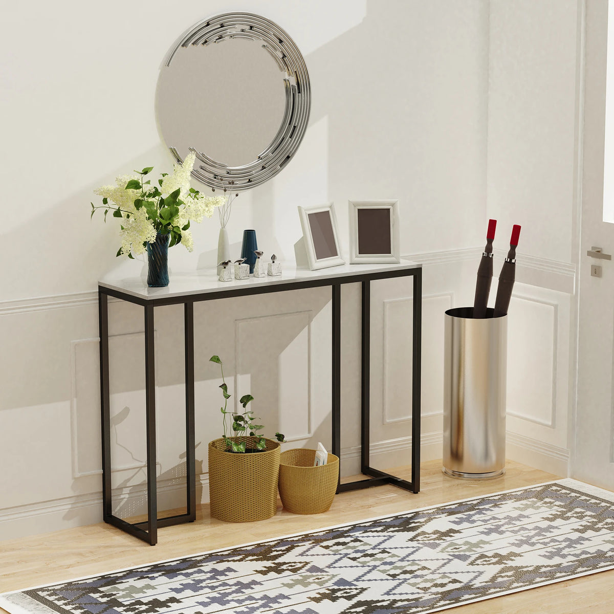 table console moderne marbre blanc noir minimaliste pieds simples