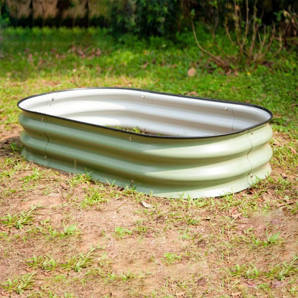 bassin ovale moderne acier galvanisé beige clair noir lisse robusteextérieur jardin fleurs plante métal