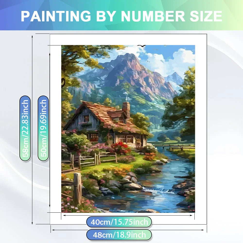 tableau numérique paysage montagne maison multicolore DIY peinture huile peinture numéros kit débutant decoration