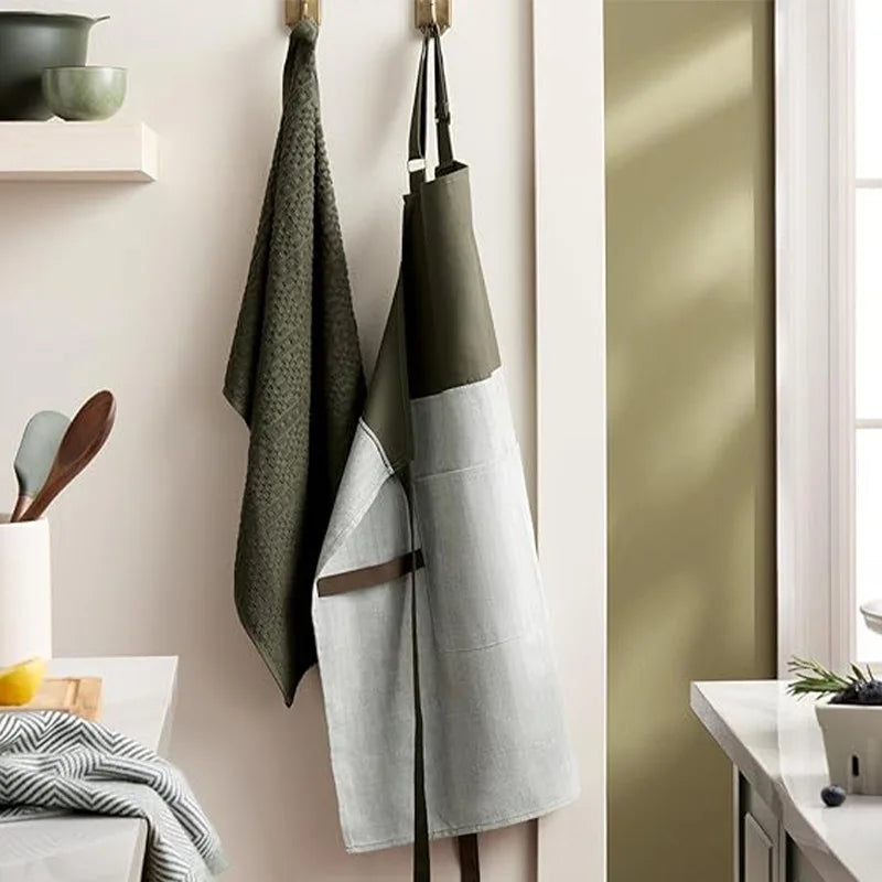 tablier cuisine vert olive gris toile texturée poches avant sangles réglables moderne rustique
