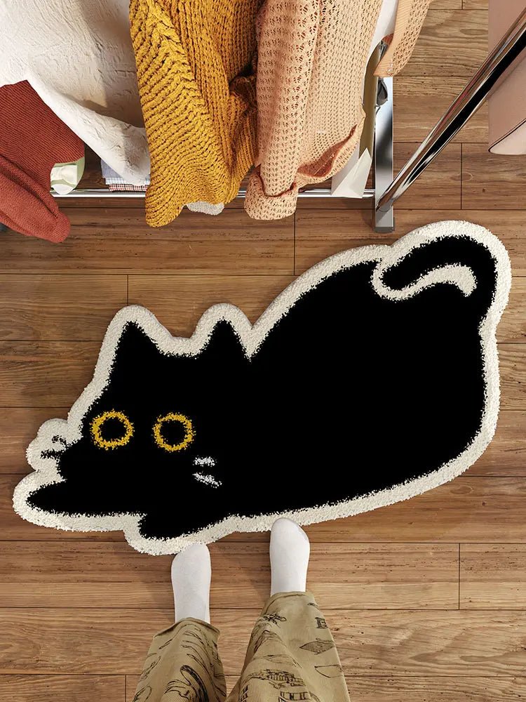 tapis sol intérieur motif chat noir cartoon décor maison moderne antidérapant polyester doux noir