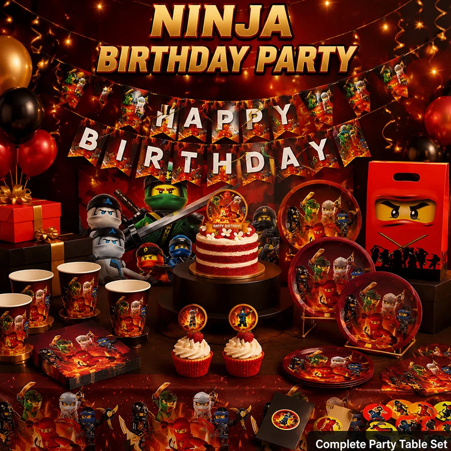 assiettes papier serviettes gobelets tissu table ninjas feu anniversaire thème ninja rouge vert