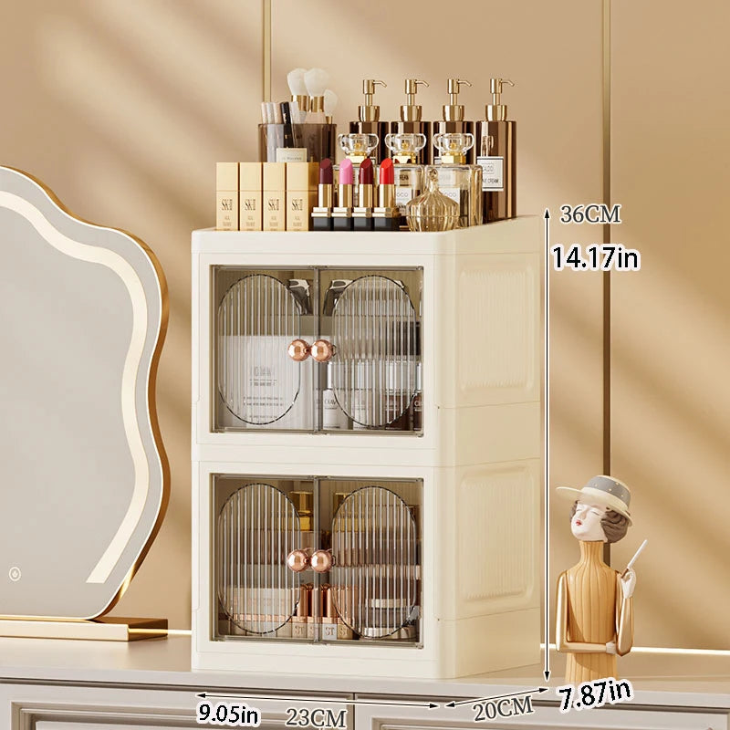 boîte rangement cosmétique tiroirs plastique moderne beige clair panneaux verticaux transparents organisation salon chambre