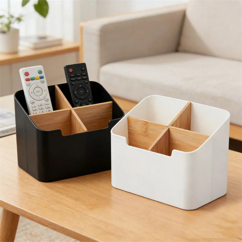 boîte rangement moderne compartiments bois blanc noir rangement télécommandes papiers cosmétiques organisateur
