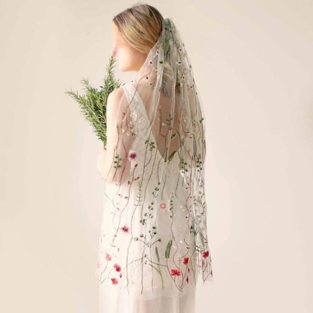voile mariée bohème broderie florale 3d peigne transparent romantique champêtre