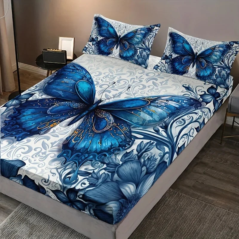 drap lit bleu papillons fleurs moderne coton polyester 150x200cm 180x200cm 200x220cm taies oreiller
